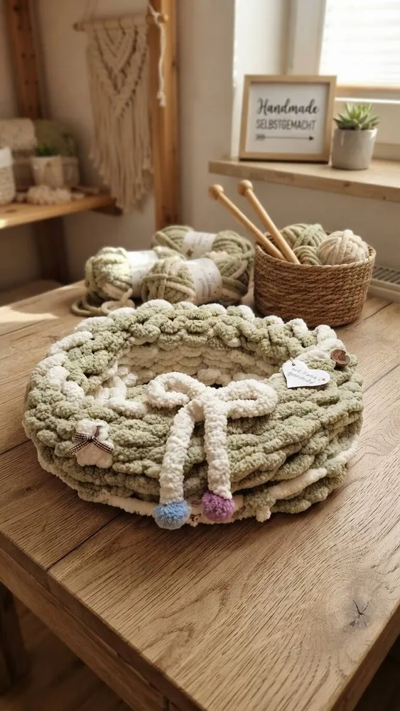 Handgemachtes Tierkörbchen „Scandi Meadow Mini“ – 42 cm aus edler „Scandi Soft“-Wolle