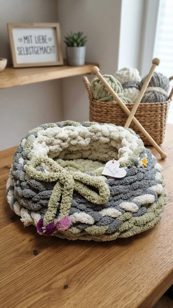 Handgemachtes XXL Tierkörbchen „Scandi Nature“ – 52 cm aus edler „Scandi Soft“-Wolle