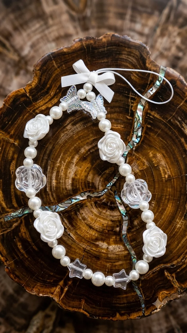 Handyanhänger für Frauen „Coquette Pearl“ (15 cm) – Elegante Perlen-Handykette mit Rosen & Schleife