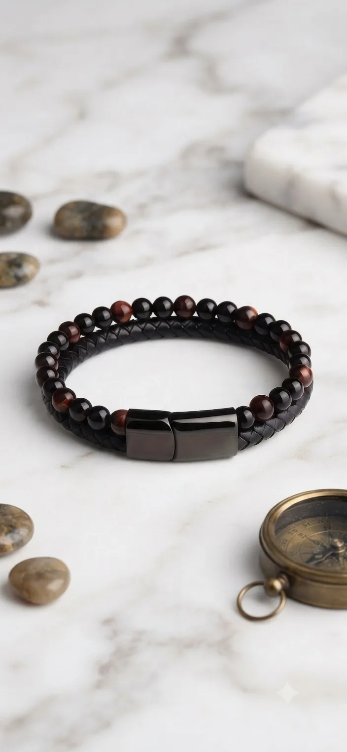 Herren Armband-Set aus Leder & Natursteinen (Zweilagig)