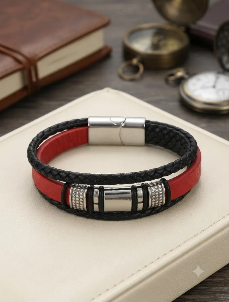 Herren Lederarmband in Schwarz & Rot (Mehrlagig)