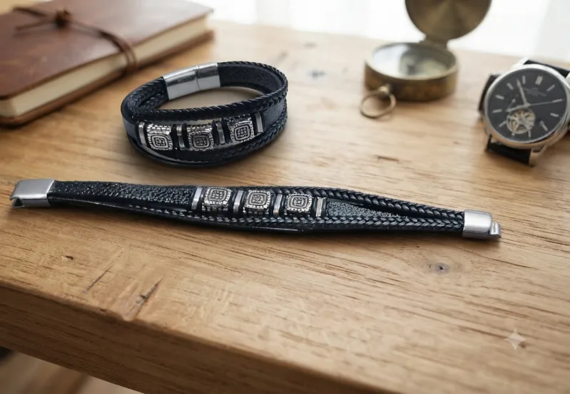 Herren Lederarmband in Tiefschwarz (Mehrlagig)