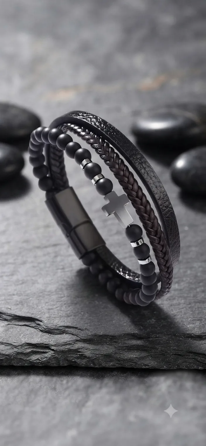 Herren Lederarmband mit Kreuz & matten Perlen (Mehrlagig)
