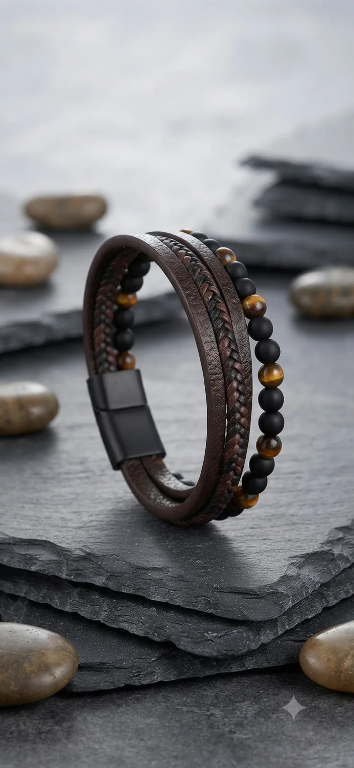 Herren Lederarmband mit Tigerauge & Lavasteinen (Mehrlagig)