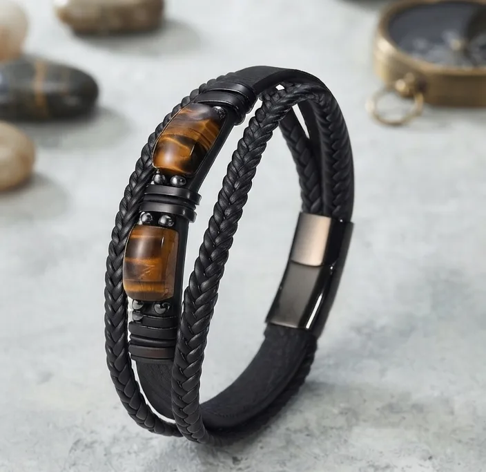 Herren Lederarmband mit Tigerauge (Mehrlagig)