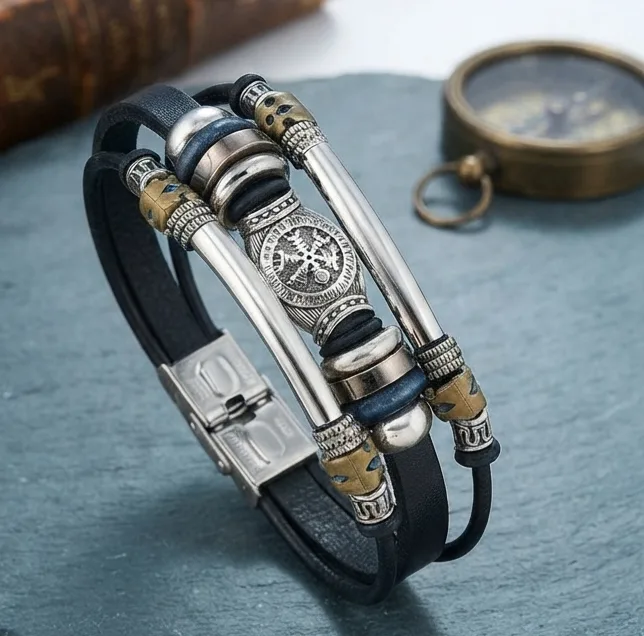 Herren Lederarmband „Vegvísir“ im Wikinger-Style