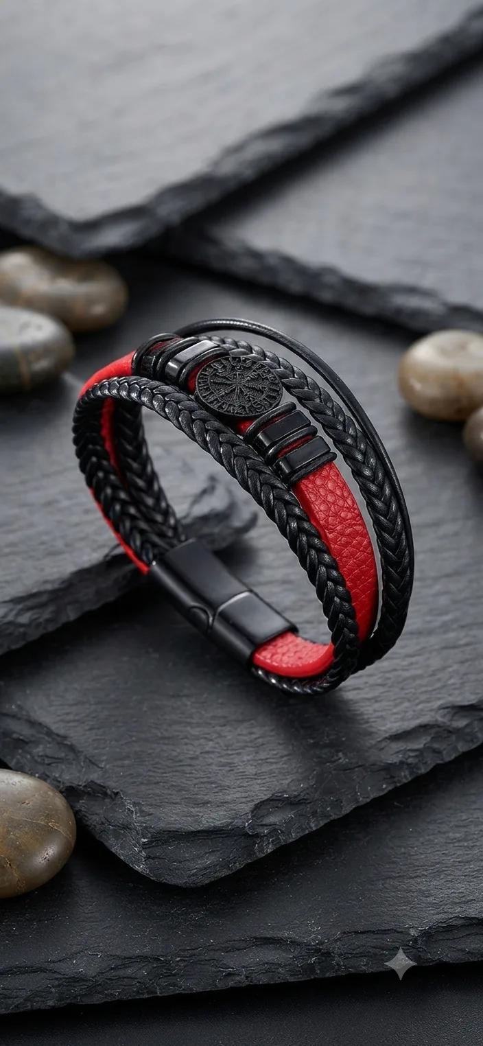 Herren Lederarmband „Vegvísir“ in Schwarz & Rot