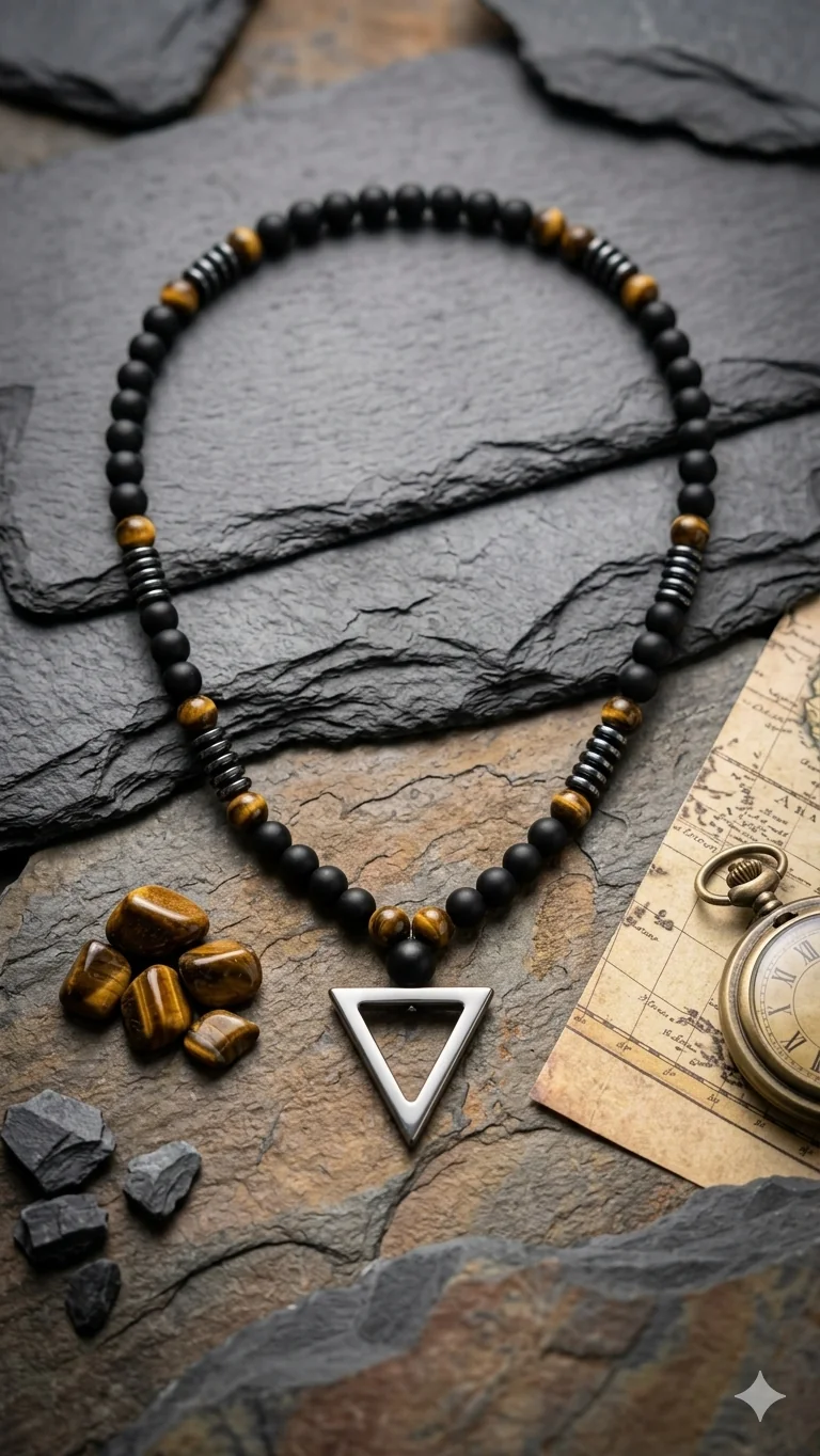 Herren-Perlenkette „Apex Tiger“ – Markanter Natursteinschmuck mit Dreieck-Anhänger