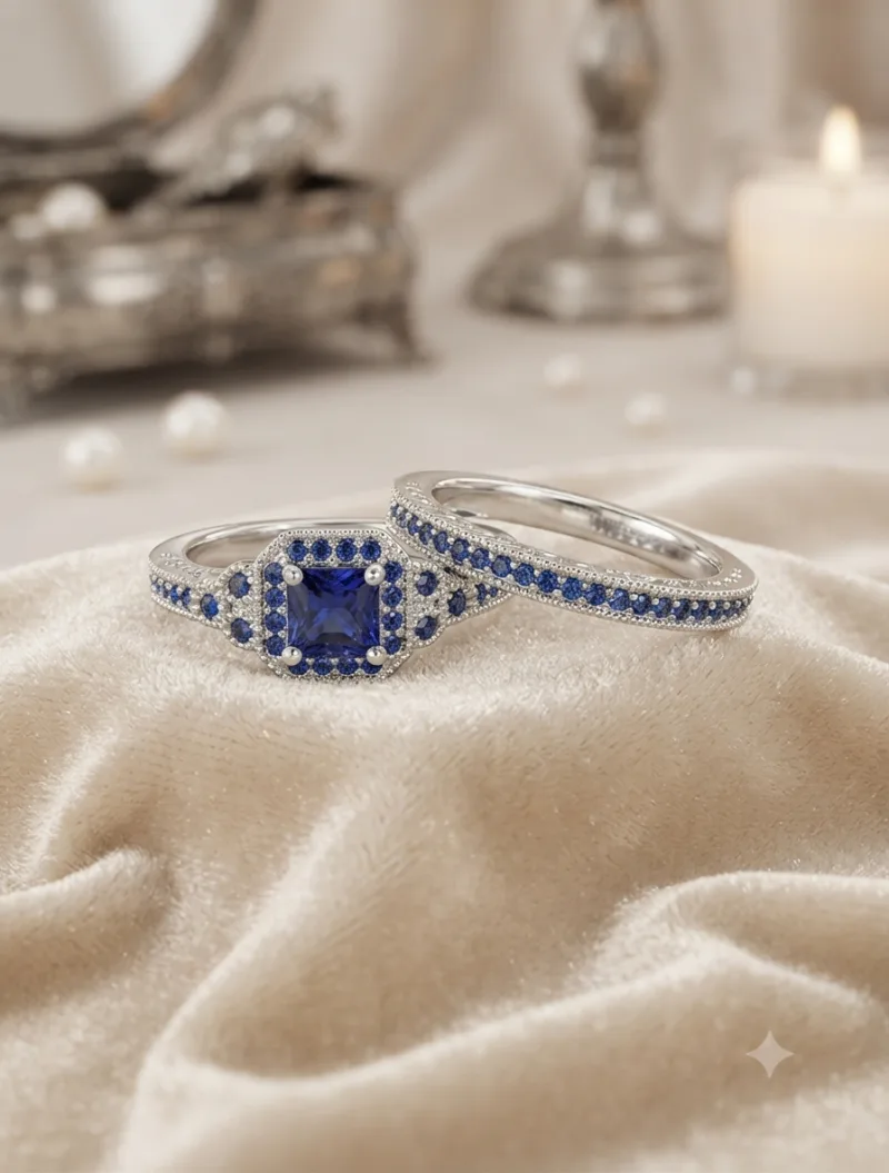 Königliches Saphir-Blau Ring-Set Silber-Look – 19 mm