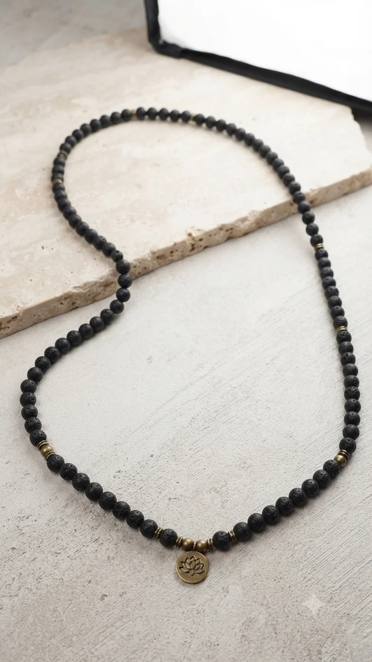 Lange Lavastein-Perlenkette mit Lotus-Mandala-Anhänger – Elastische Mala-Halskette für Männer