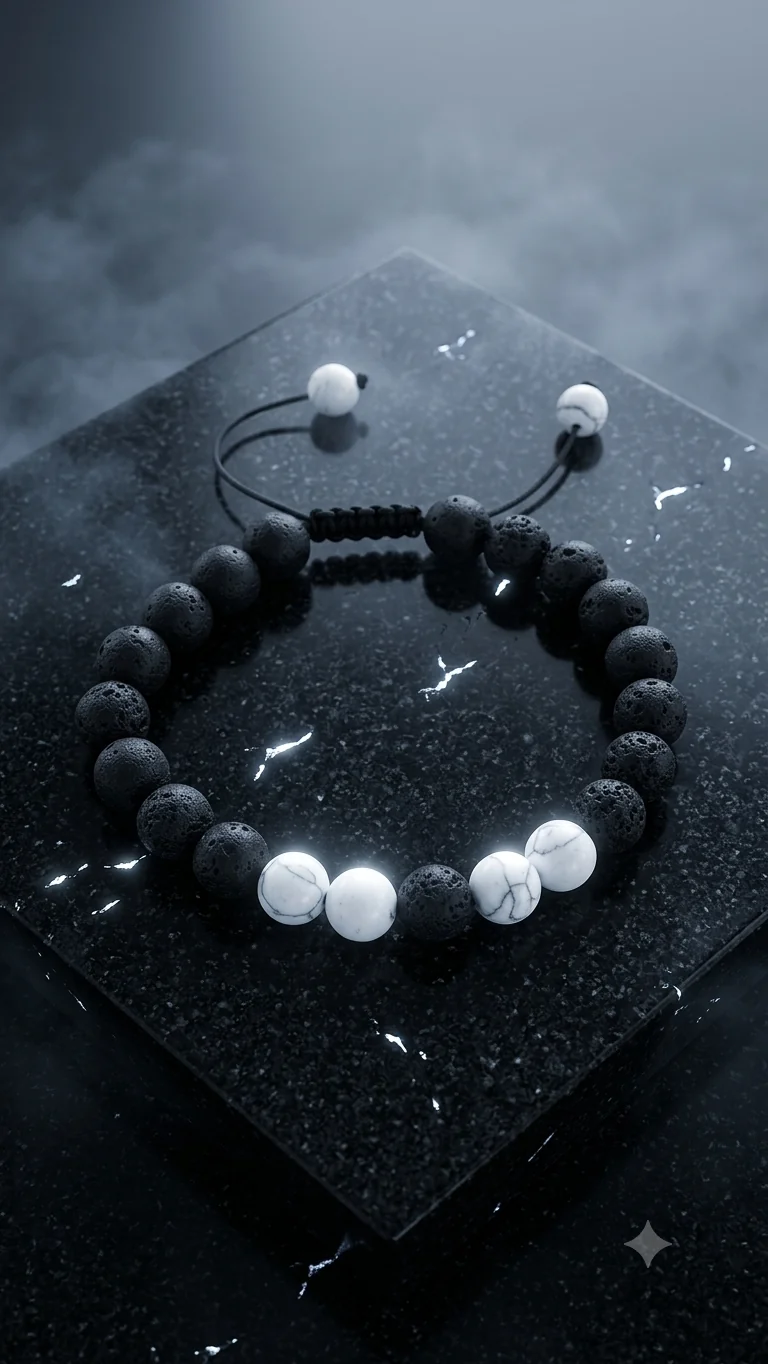Lavastein & Howlith Perlenarmband – Verstellbares Yin-Yang-Naturstein-Design für Männer