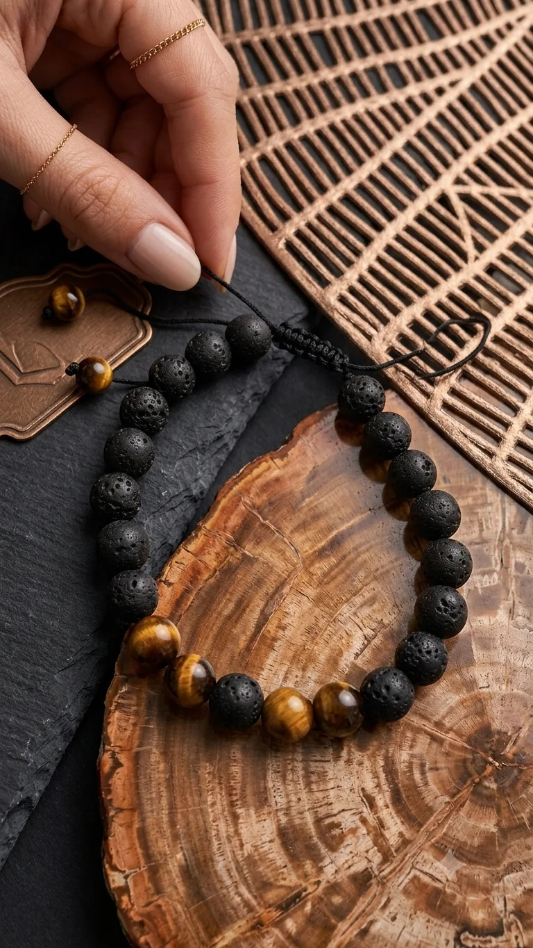 Lavastein & Tigerauge Perlenarmband – Verstellbares Naturstein-Design für Männer