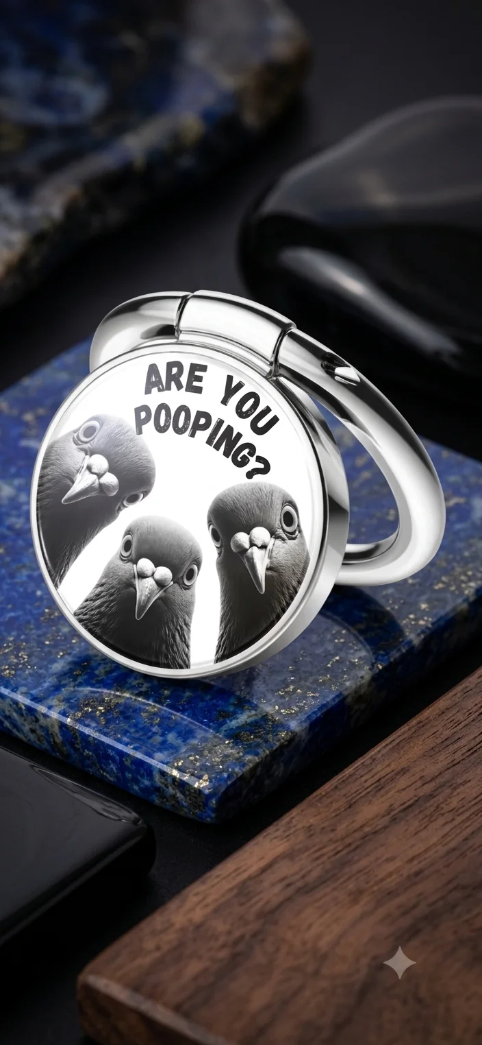 Lustiger Handyring „Are You Pooping?“ – Humorvoller Smartphone Fingerhalter & Handyständer mit Tauben-Motiv Silber (Ø 3,5 cm)💖