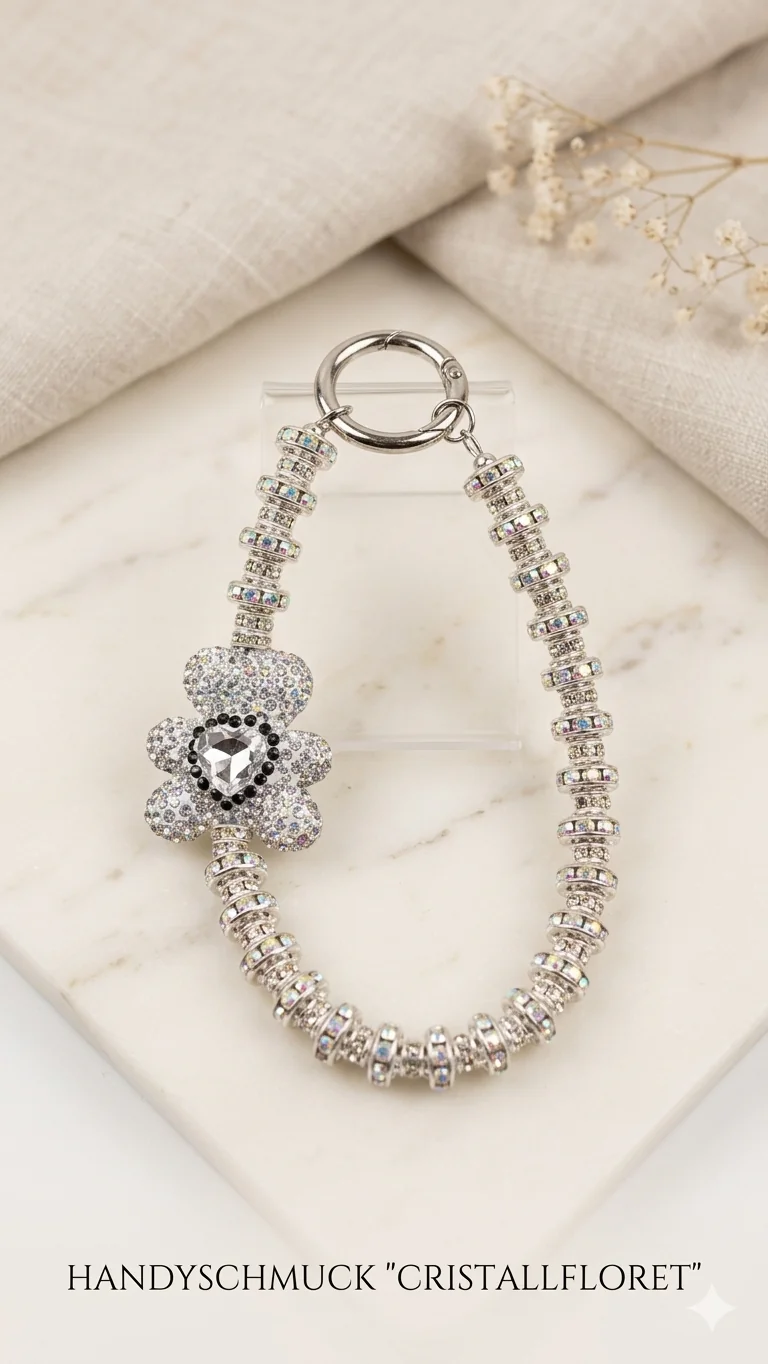 Luxuriöser Handy-Anhänger „Cristallfloret“ in Silber-Optik – Stylischer Handyschmuck fürs Handgelenk   (Für Frauen)