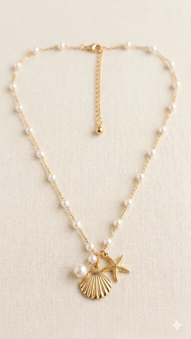 Maritime Perlen-Halskette mit Muschel & Seestern in Gold-Optik – Stylischer Modeschmuck  (Für Frauen)