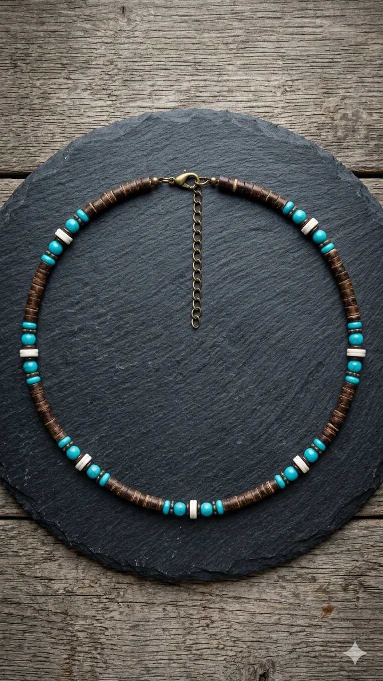 Maritime Surfer-Halskette im Holz- & Muschel-Look – Lässiger Sommer-Schmuck für Herren (50 cm)