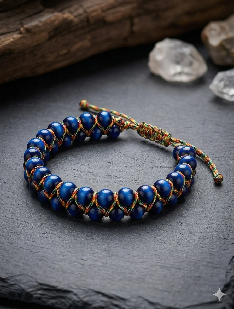 Maskulines Makramee-Perlenarmband in Blauem Tigerauge-Look – Lässiger Herren-Schmuck im Ethno-Style
