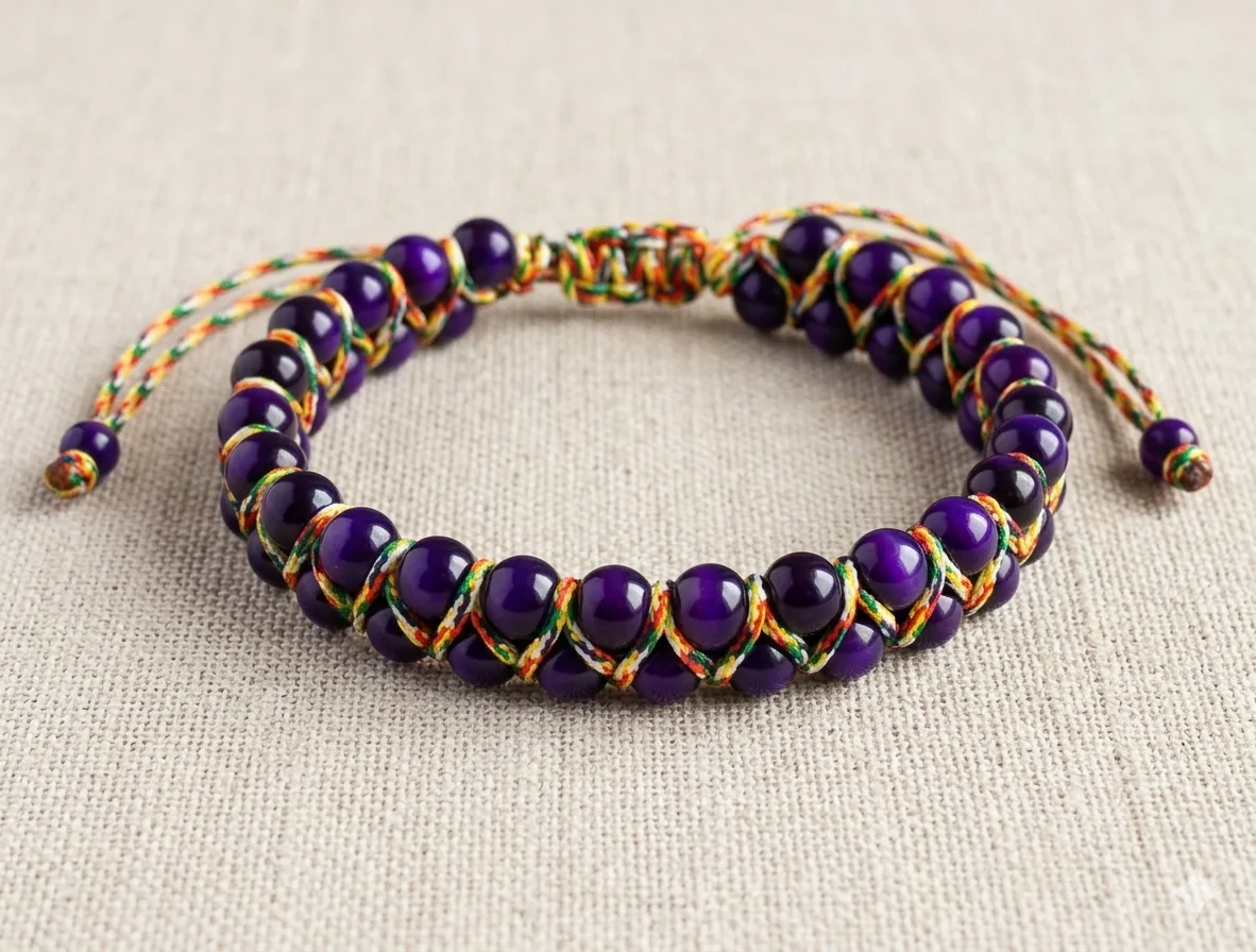 Maskulines Makramee-Perlenarmband in Obsidian-Lila-Optik – Lässiger Herren-Schmuck im Ethno-Style