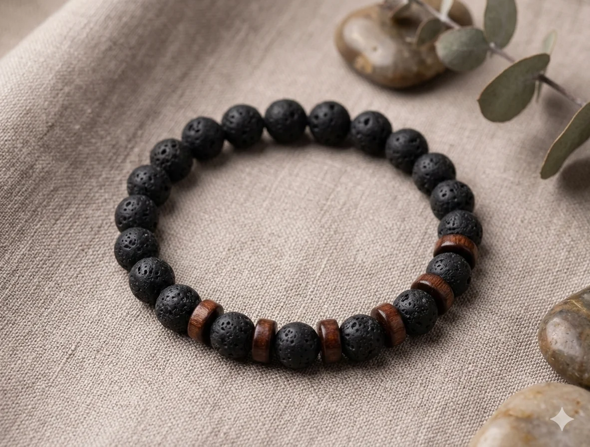 Maskulines Perlenarmband im Lava- & Holz-Look – Rustikaler Herren-Schmuck im Natur-Stil