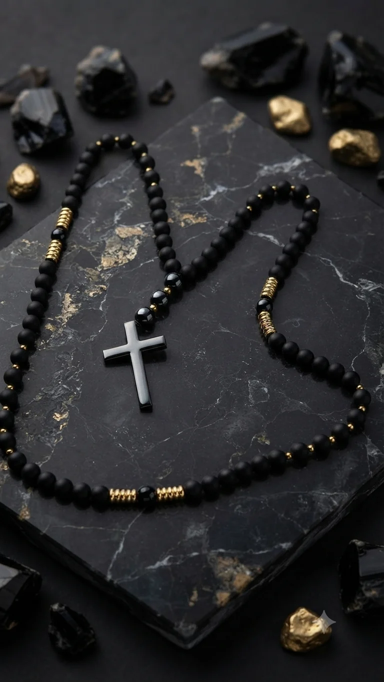 Massiver Rosenkranz mit mattschwarzen Perlen und Hämatit-Kreuz – Rustikale Y-Halskette für Männer