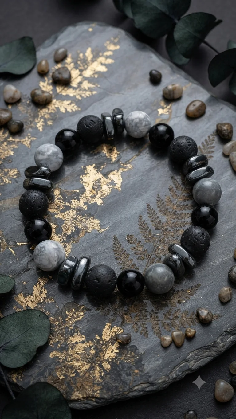 Massives Naturstein-Armband mit Howlith, Lavastein & Obsidian – Elastisches Perlenarmband für Männer