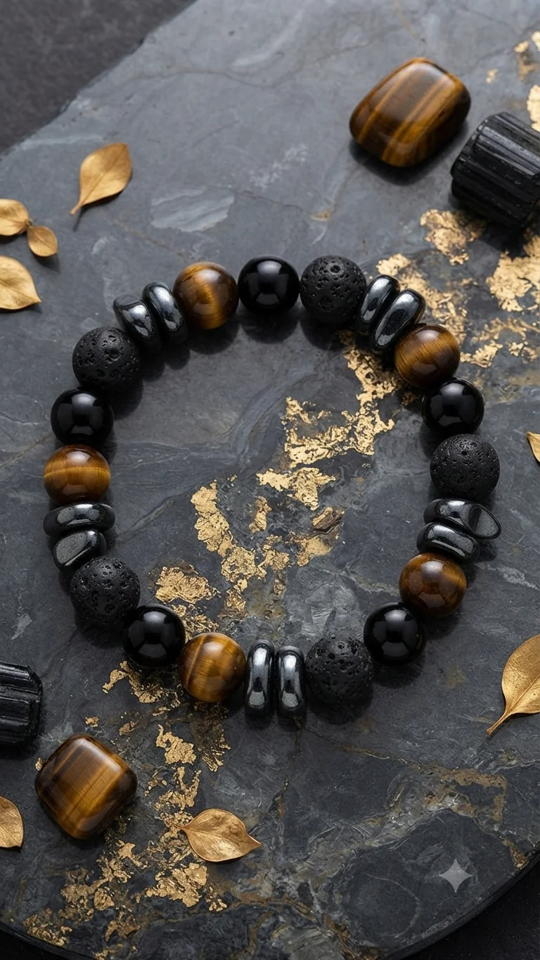 Massives Naturstein-Armband mit Tigerauge, Lavastein & Obsidian – Elastisches Perlenarmband für Männer