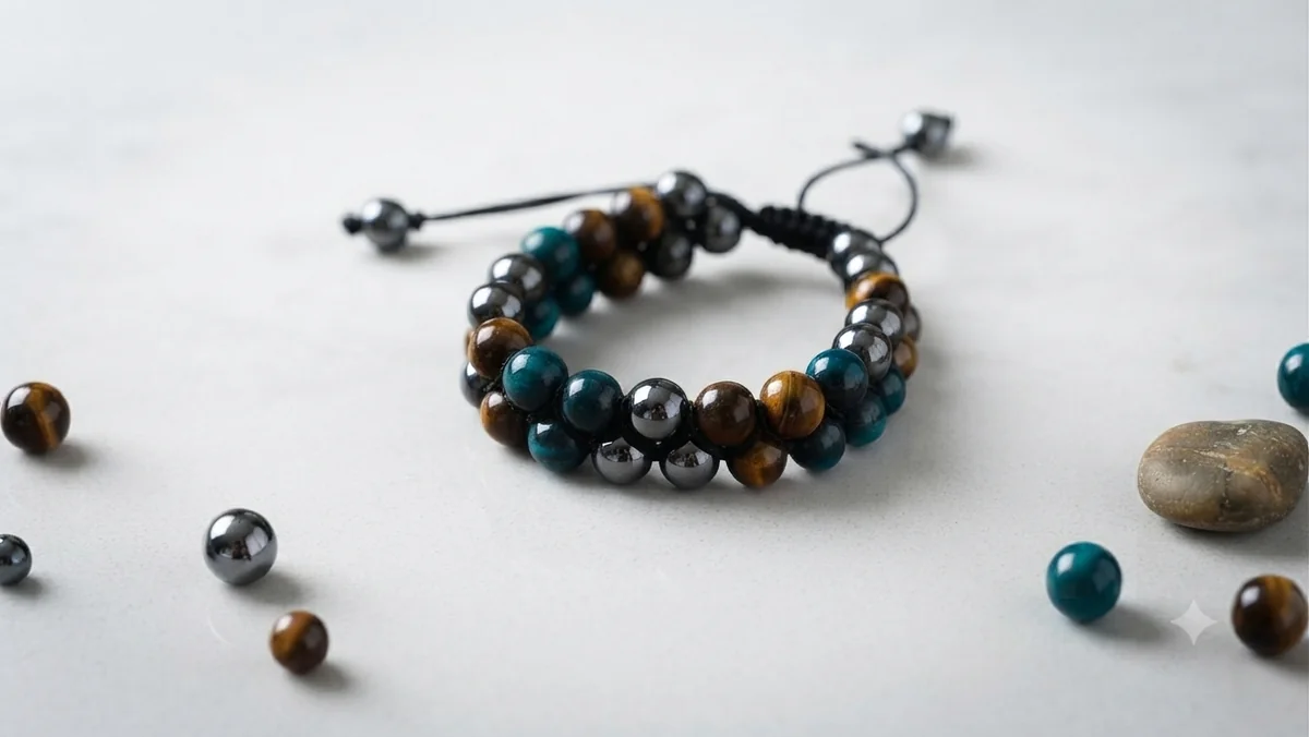 Massives zweireihiges Naturstein-Armband mit Tigerauge & Hämatit – Geflochtenes Makramee-Armband für Männer