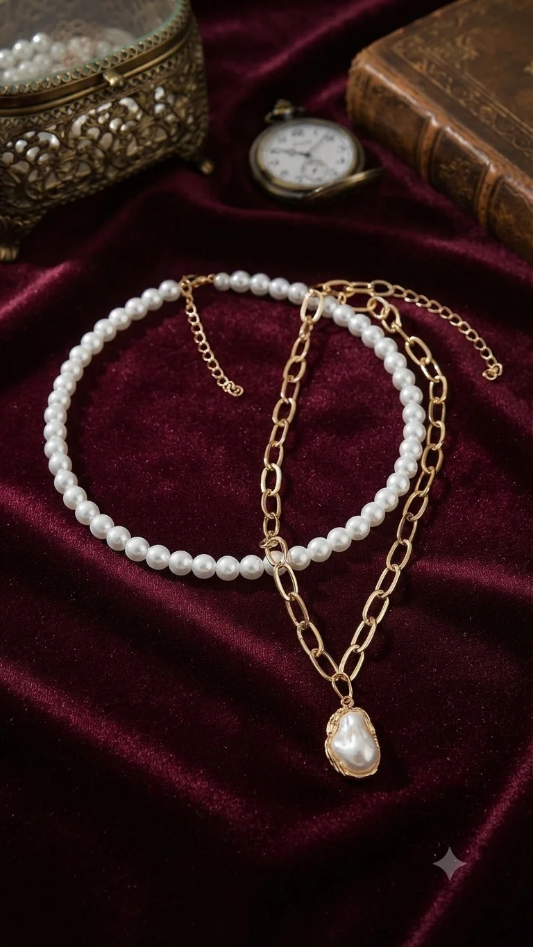 Mehrreihige Layering-Halskette mit Perlen und Barockperlen-Anhänger – Zweireihiges Collier für Frauen