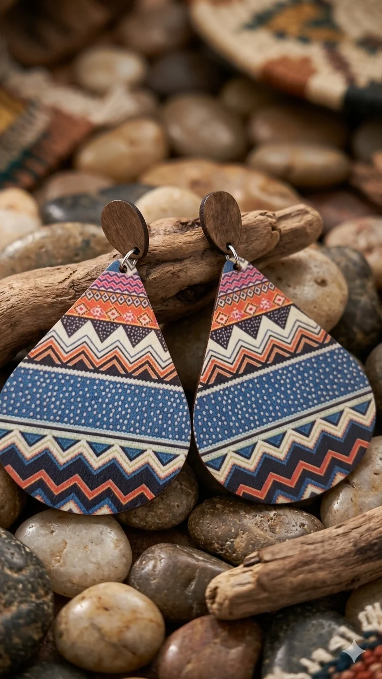 Ohrringe „Desert Night“ – Stilvoller Ethno-Schmuck aus Holz in Tropfenform  (Für Frauen)