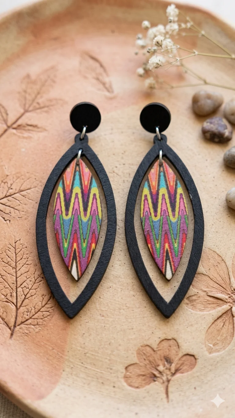 Ohrringe „Ethnic Wave“ – Farbenfroher Boho-Schmuck aus Holz  (Für Frauen)