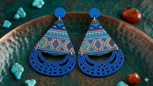 Ohrringe „Indigo Spirit“ – Extravagant geschnittener Ethno-Schmuck aus Holz  (Für Frauen)