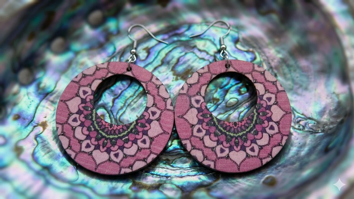 Ohrringe „Pink Mandala“ – Romantischer Ethno-Schmuck aus Holz mit rundem Cut-Out  (Für Frauen)
