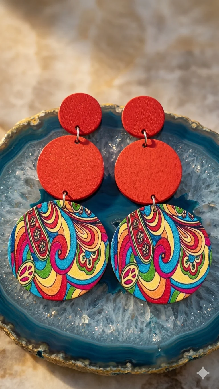 Ohrringe „Retro Vibe“ – Farbenfroher Boho-Schmuck aus Holz  (Für Frauen)