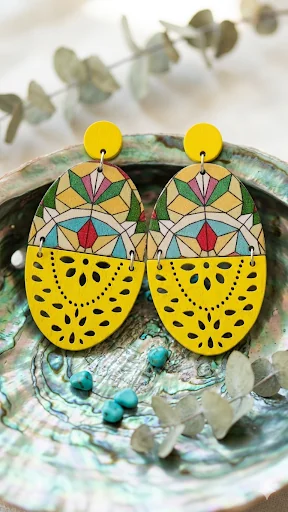 Ohrringe „Sunlit Mandala“ – Farbenfroher Ethno-Schmuck aus Holz mit filigranem Lochmuster  (Für Frauen)