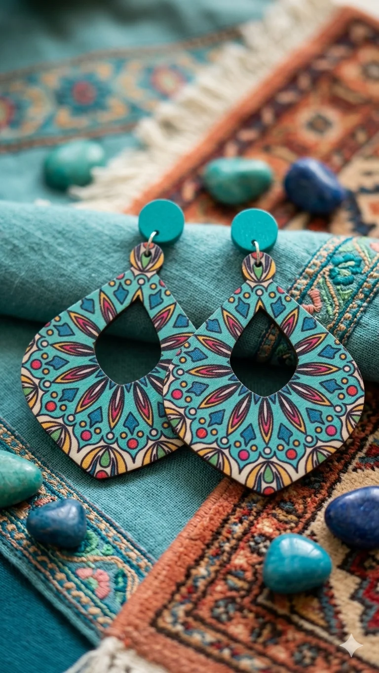 Ohrringe „Turquoise Mandala“ – Kunstvoller Ethno-Schmuck aus Holz mit tropfenförmigem Cut-Out  (Für Frauen)