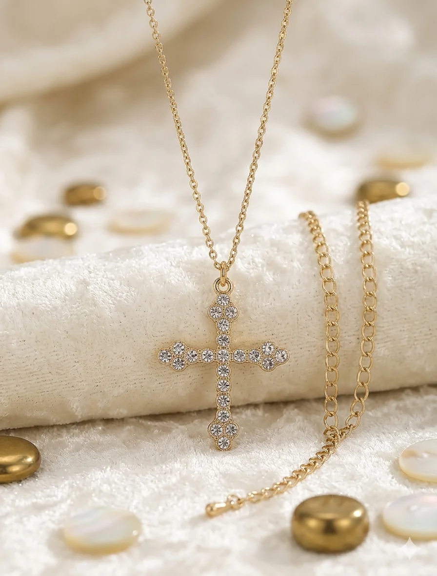 Prachtvolle Barock-Kreuz-Halskette mit Kristallen in Gold-Optik – Stylischer Modeschmuck  (Für Frauen)