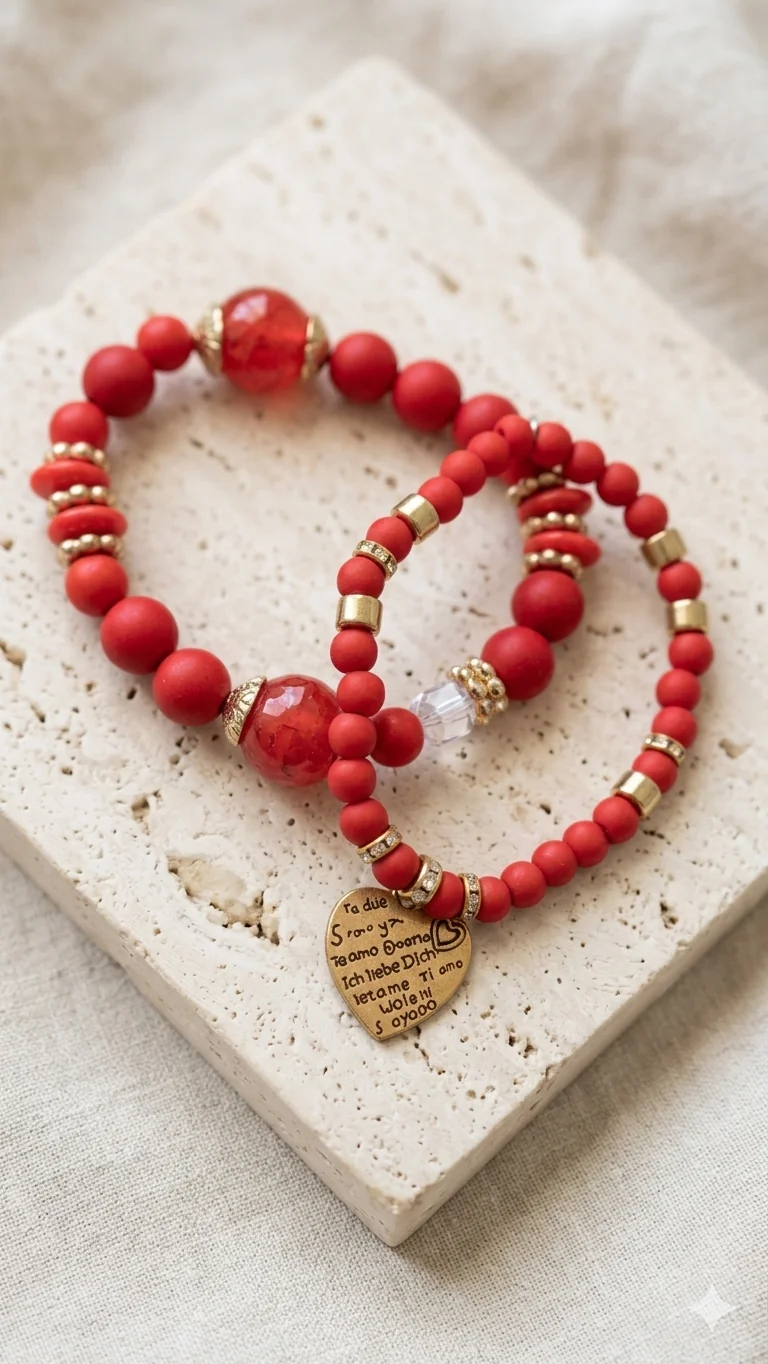 Romantisches Perlenarmband-Set „Amor“ – Mattes Rot, Crackle-Effekt & graviertes Liebesherz  (Für Frauen)