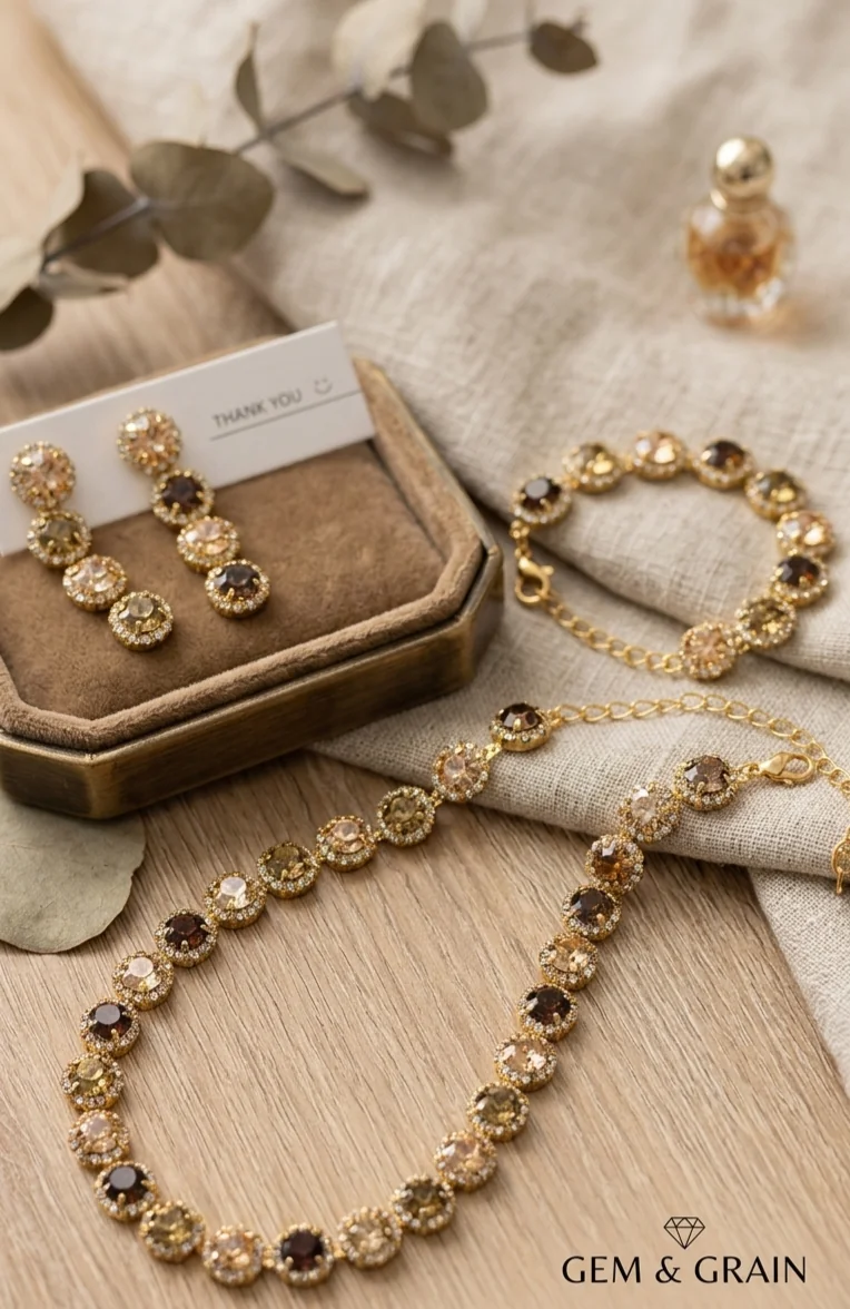 🤎 Schmuckset „Golden Glamour“ – Halskette, Armband & Ohrringe  (Für Frauen)