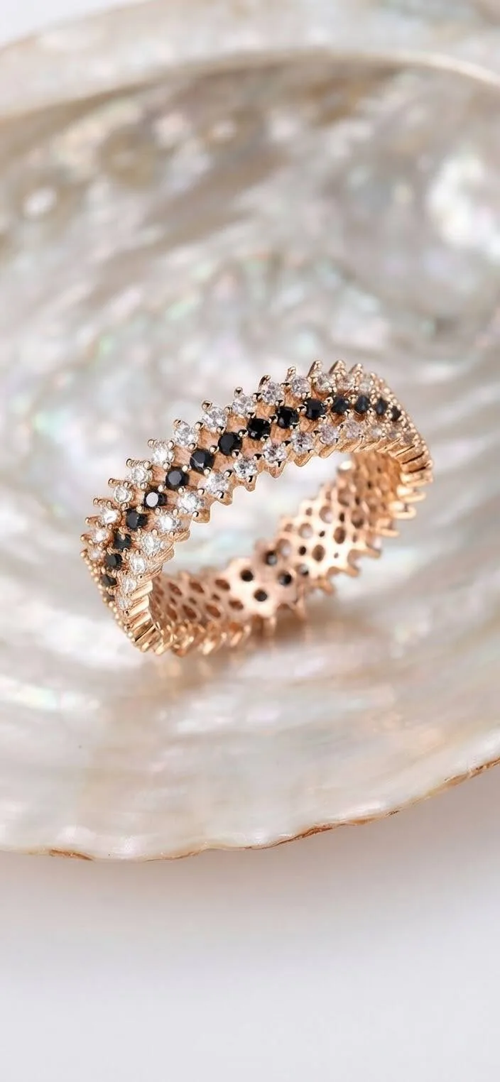 Schwarz-Weißer Glitzer Ring Roségold-Look – 20 mm