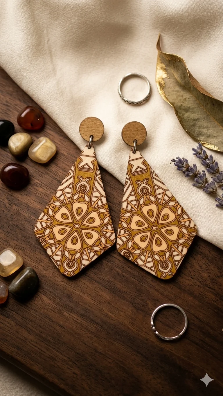 Statement-Ohrringe aus Holz mit Mandala-Muster (für Frauen) – 7,5 cm