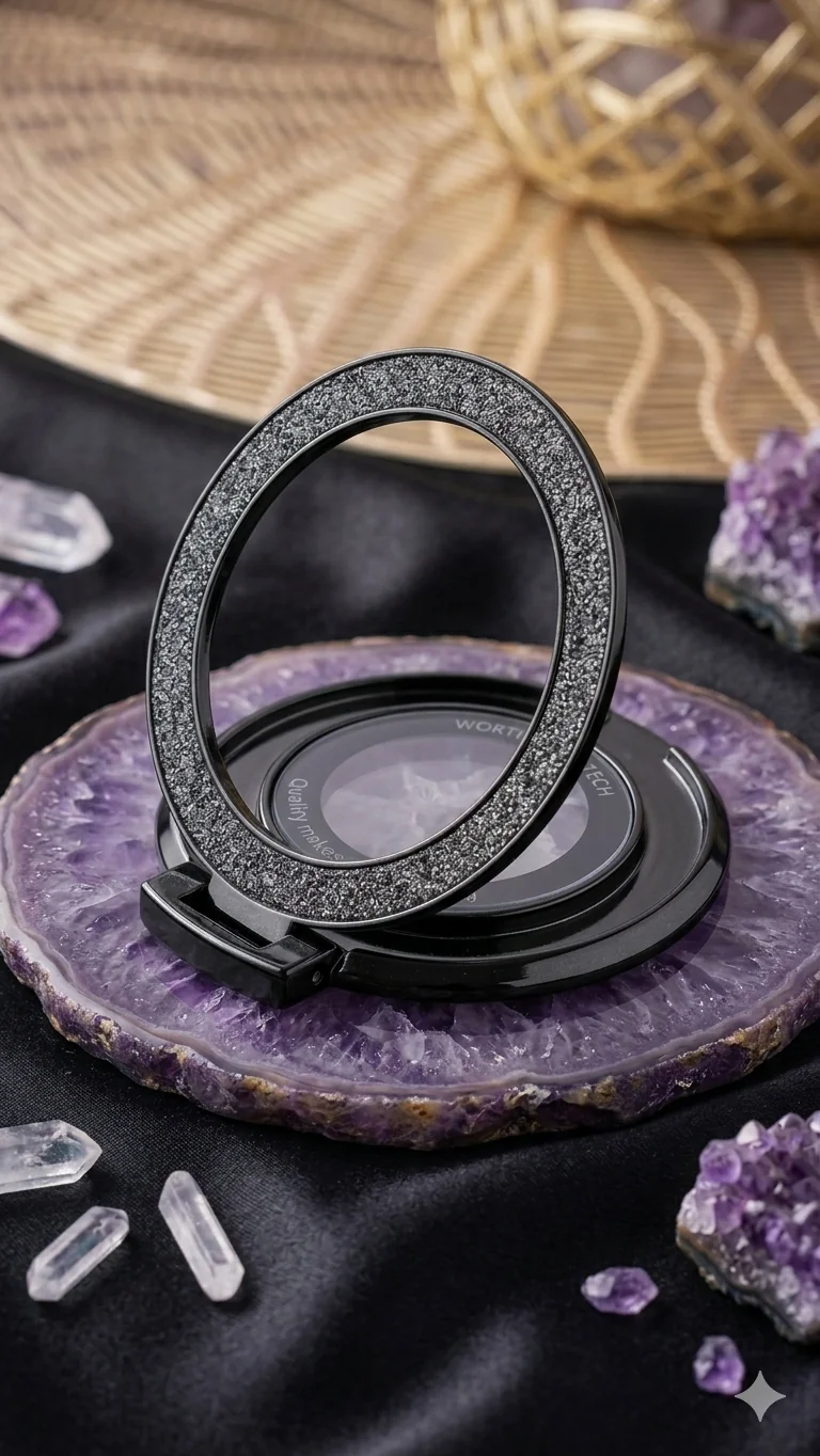 Stylischer Glitzer-Handyring mit Standfunktion in Schwarz für Frauen
