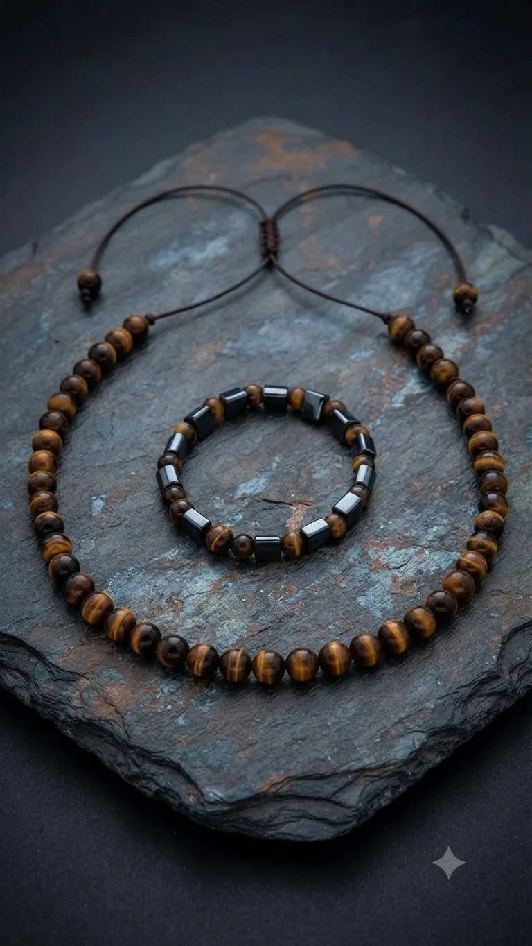 Tigerauge Schmuck-Set Halskette & Elastisches Armband für Männer