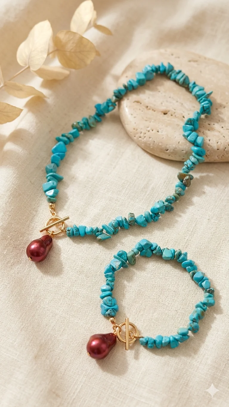 „Turquoise & Pearl Dream“ – 2-teiliges Set aus Halskette und Armband im Boho-Chic  (Für Frauen)
