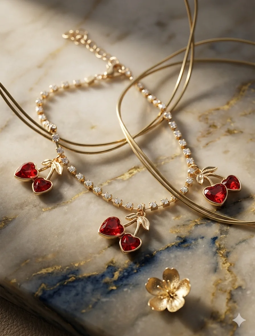 🍒 Verspielte Fußkette „Sweet Cherry“ mit Strass & roten Herz-Kirschen  (Für Frauen)