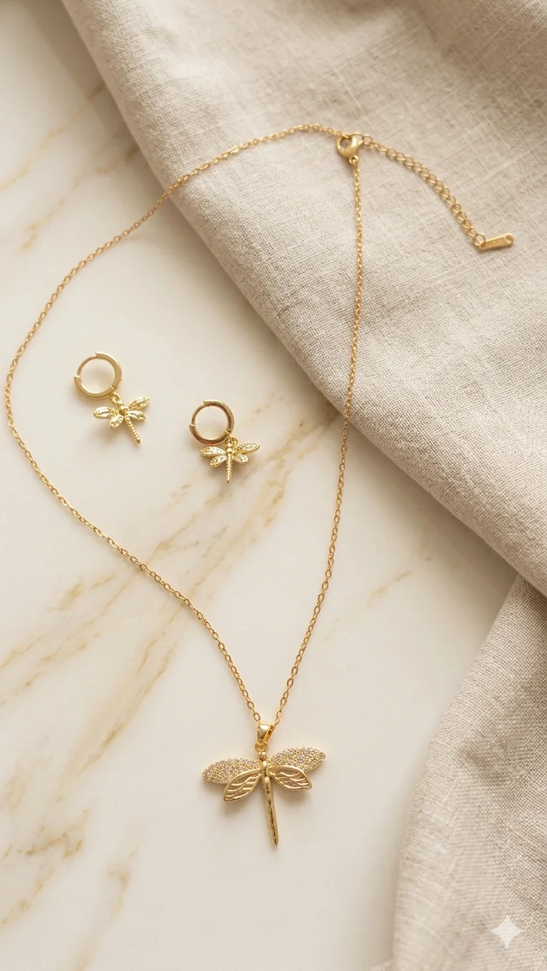 Verspieltes Schmuckset „Golden Dragonfly“ – Halskette & Creolen mit funkelndem Strass  (Für Frauen)