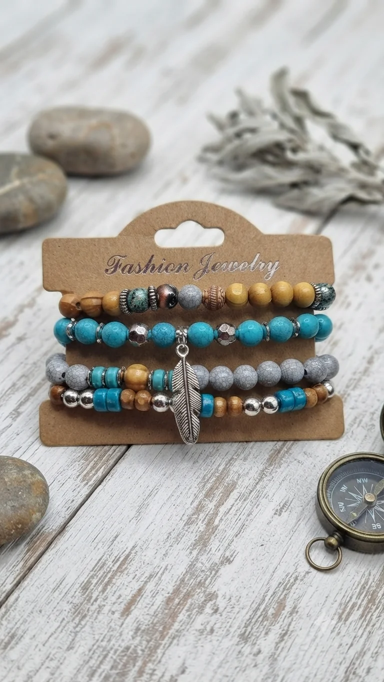 Vierteiliges Holzperlen-Armband-Set mit Feder-Anhänger – Elastische Surfer-Armbänder mit Türkis- & Stein-Optik für Männer