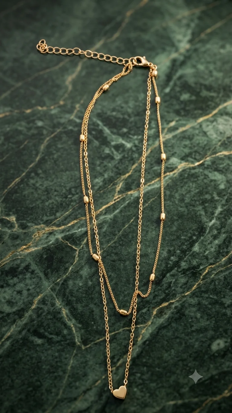 Zweistöckige Herz-Halskette (44 cm) – Elegante Layering-Kette mit Herz-Anhänger & Perlen-Struktur in Gold für Frauen