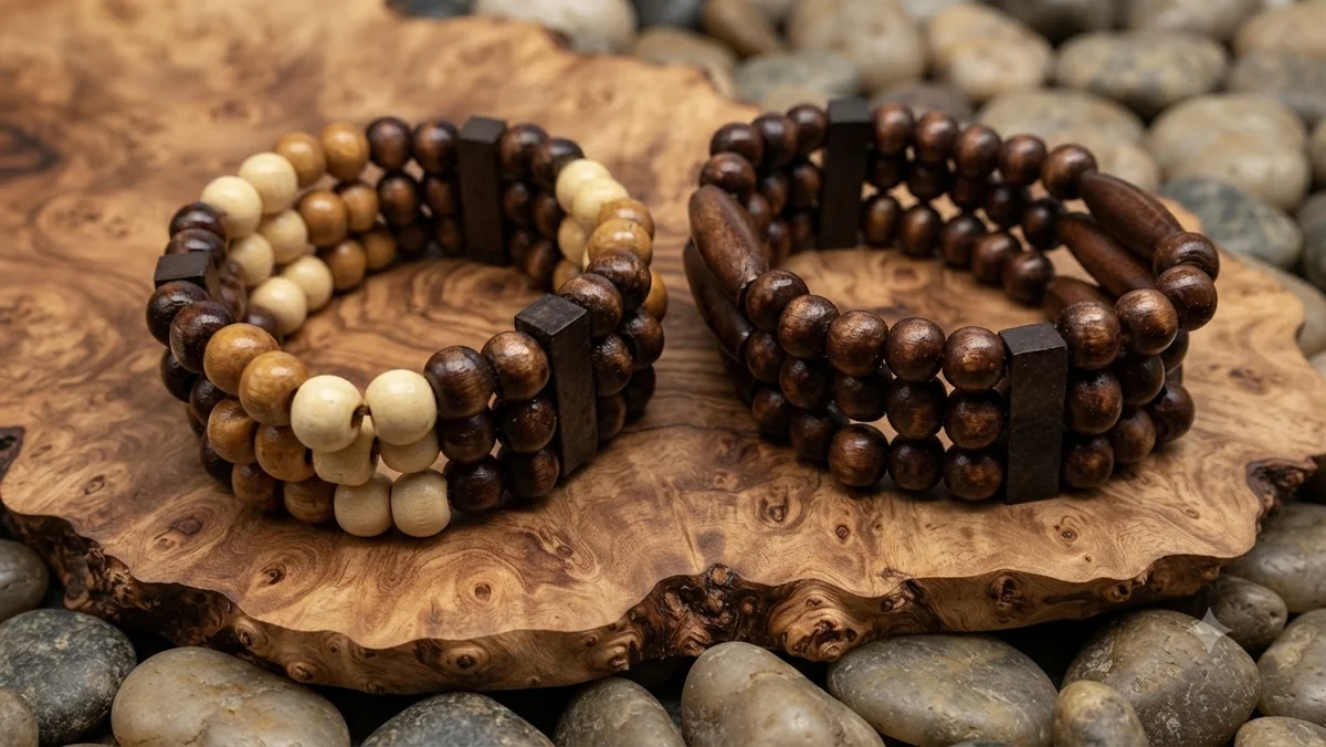 Zweiteiliges Holzperlen-Armband-Set im Ethno-Stil – Breites elastisches Perlenarmband mit Olivenperlen