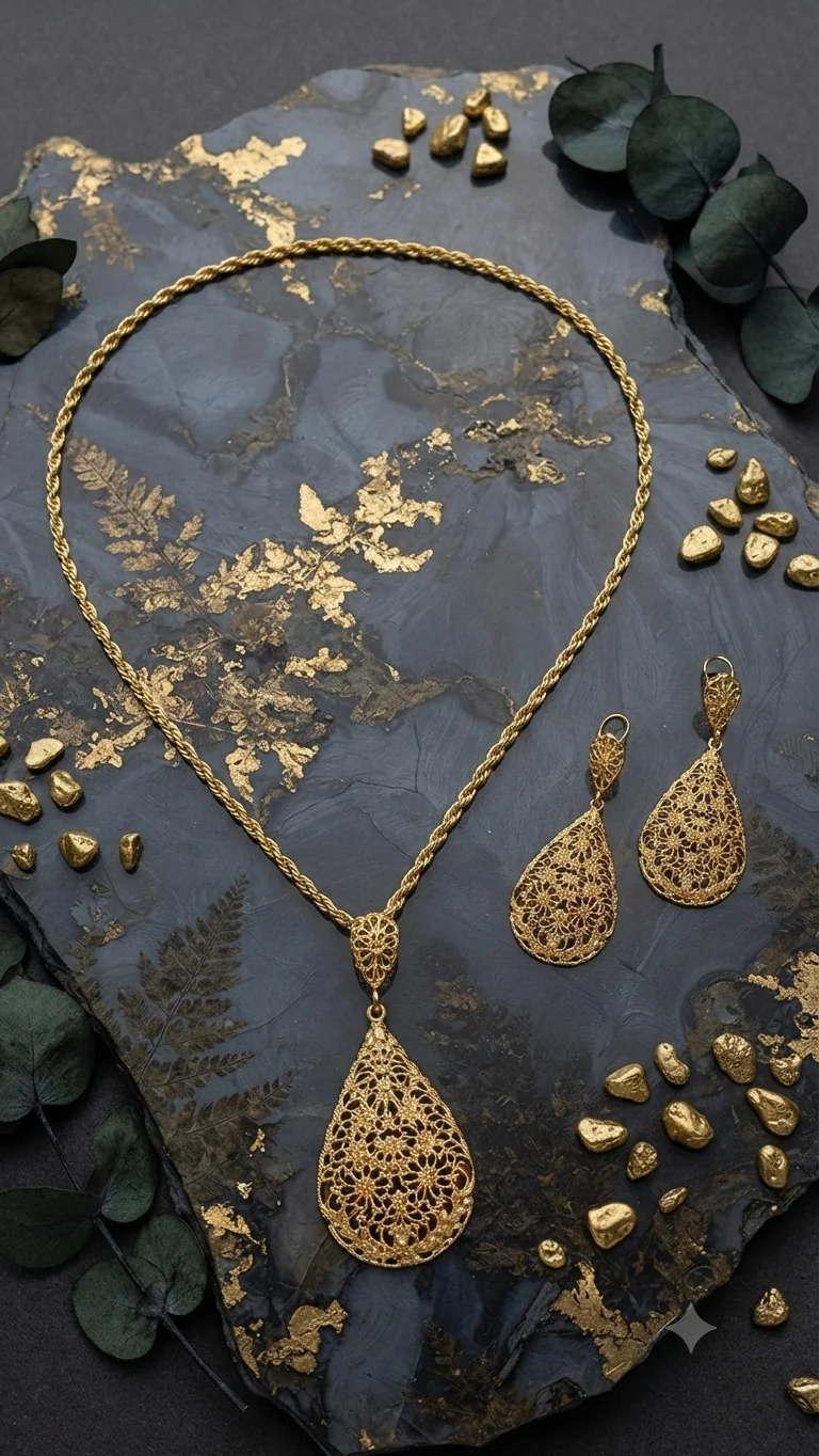 Zweiteiliges Schmuckset mit filigranen Ornament-Anhängern in Tropfenform – Kordelkette und Ohrringe für Frauen